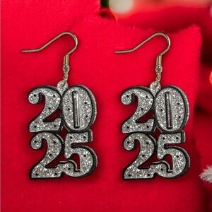 Glitter Acrylic Lightweight Handmade Resin Happy New Year 2025 Earrings  ( new)